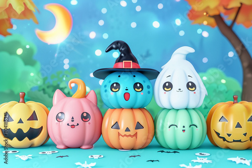 set of 3D friendly cartoon colorful pumpkins celebrating Halloween