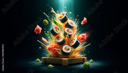 This image shows a variety of sushi arranged on a plate. The sushi is arranged in a way that is visually appealing, and the colors of the sushi are vibrant and bright. The background is a dark color,  photo