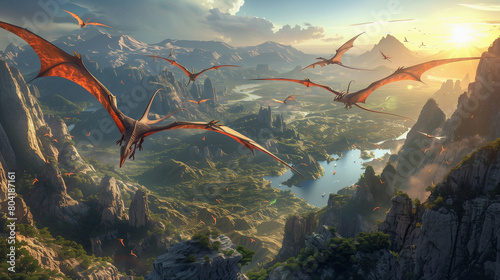 sunrise over the mountains, flock of Pterodactyls flying over a craggy landscape with distant mountains and a lake photo