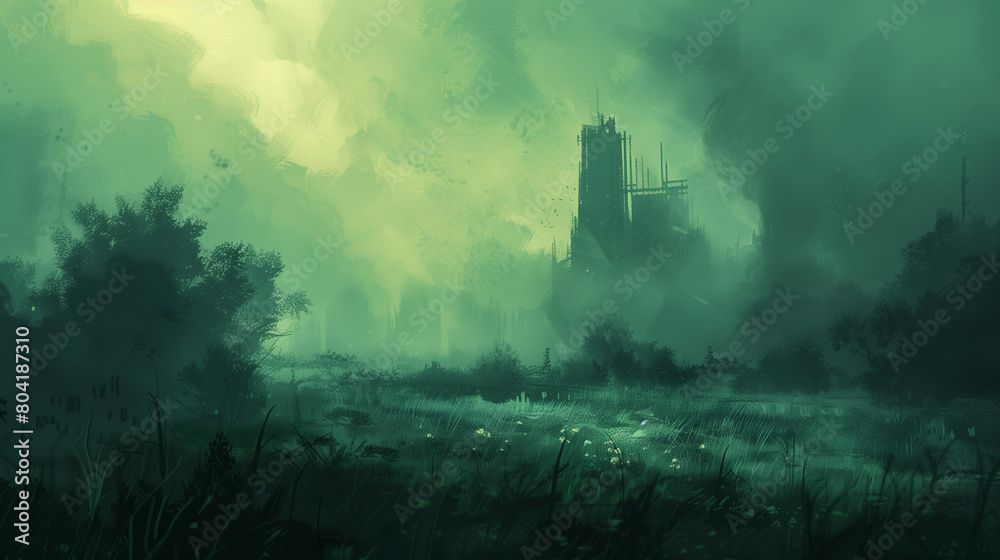 Mystical green swamp with a distant castle shrouded in fog.