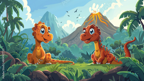 Fototapeta Naklejka Na Ścianę i Meble -  friendly cartoon dinosaurs in a prehistoric jungle with volcanoes erupting in the background