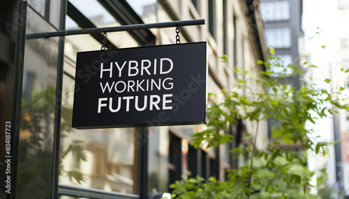 Hybrid working future sign in front of a modern office building	
 photo