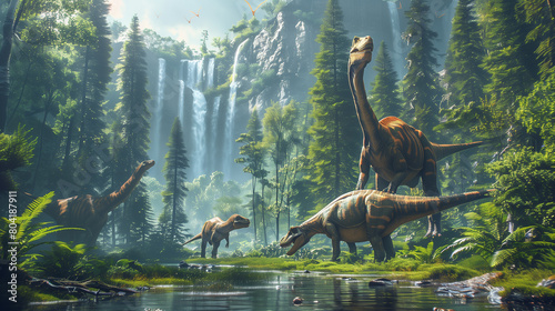 dinosaurs in the park  herbivorous dinosaurs grazing in a lush valley with waterfalls and tall trees