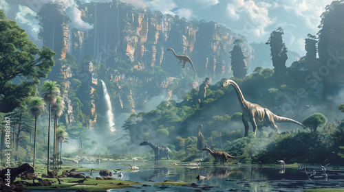 herbivorous dinosaurs grazing in a mountain valley with waterfalls and tall trees photo