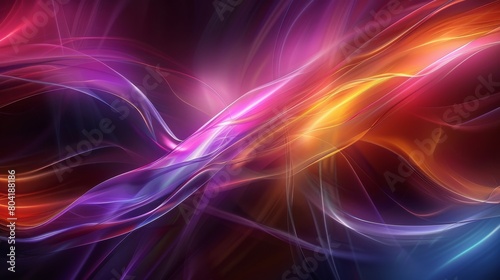 Vibrant and colorful abstract digital backround features smooth, flowing lines and waves of light in various hues, including purple, pink, orange, and blue