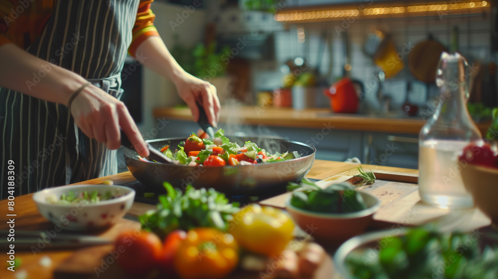 Healthy Cooking at Home: A person is shown in a modern, well-equipped kitchen, preparing a colorful and nutritious meal using fresh ingredients