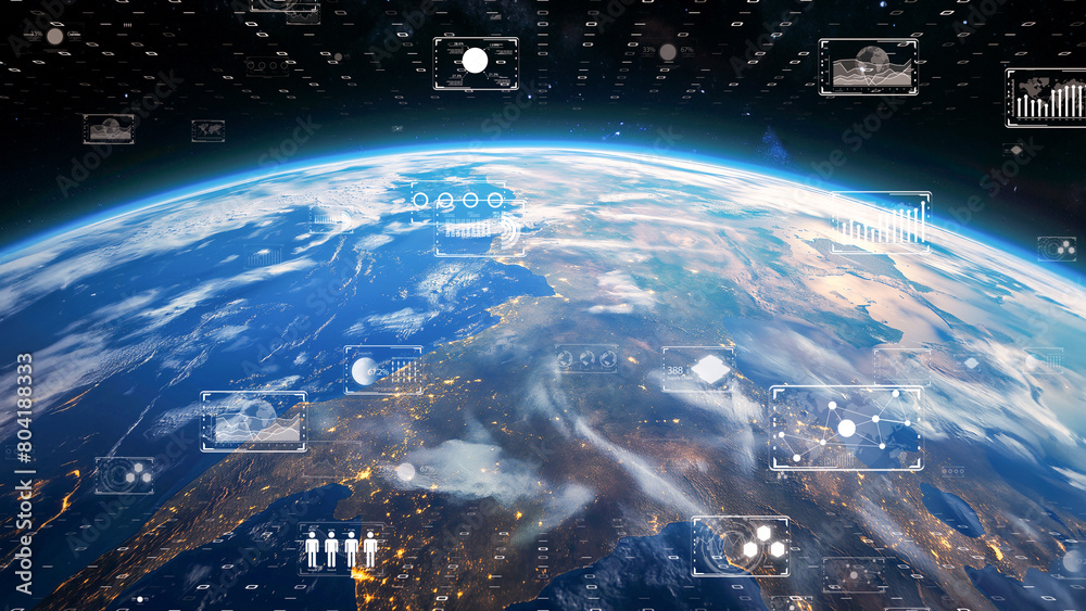 Digital Earth with graphical information overlays, visualization of global data Digital Earth with graphical information overlays, visualization of global data