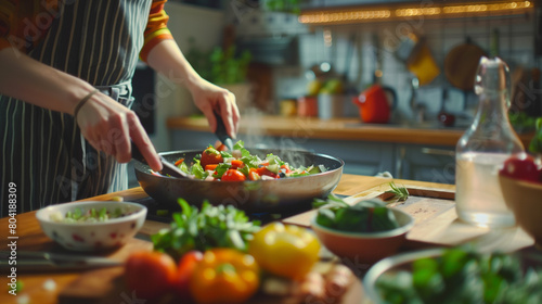 Healthy Cooking at Home: A person is shown in a modern, well-equipped kitchen, preparing a colorful and nutritious meal using fresh ingredients
