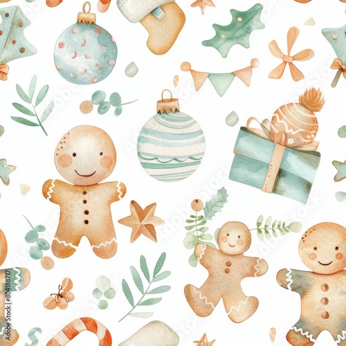 Watercolor painting seamless pattern of a Christmas scene with gingerbread men, a star, and a Christmas tree.