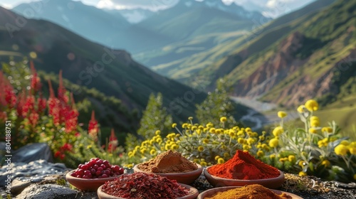 A spices, red pepper, cinnamon, spices, in the mountains, summer atmosphere, freshness, on the background of the mountain. Generative AI. photo