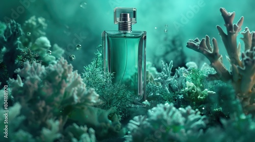 Stylish bottle with perfume against a corral background in soft emerald color © Serhii