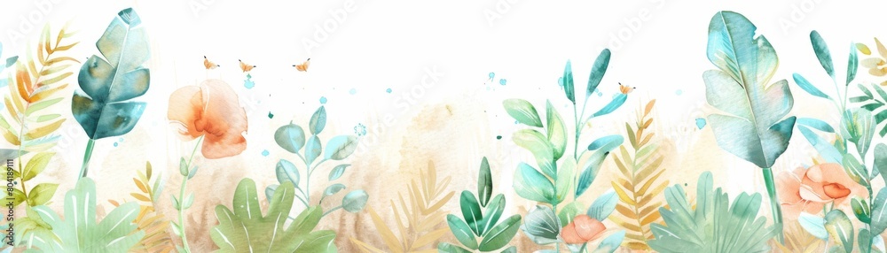 Watercolor painting seamless pattern of a lush green field with a variety of flowers and plants. The painting has a serene and peaceful mood.