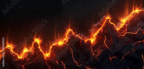 A panoramic display of a graph line made from glowing, molten lava flowing upwards against a solid, obsidian black background.