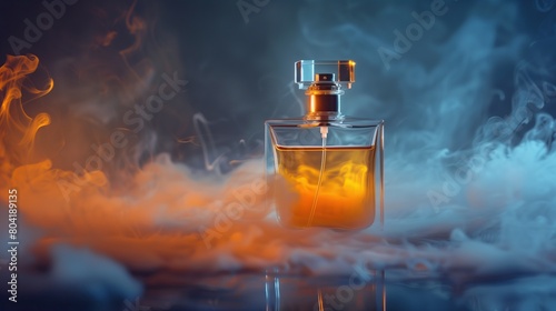 Stylish bottle of perfume shrouded in light smoke
