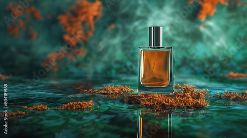 Stylish bottle with perfume against a background of corrals in emerald and rust colors