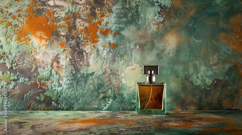 Stylish bottle with perfume against a background of corrals in emerald and rust colors photo