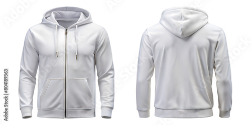 Realistic white hoodie or hoody for man. Men sweatshirt with long sleeves and drawstring, muff or kangaroo pocket.