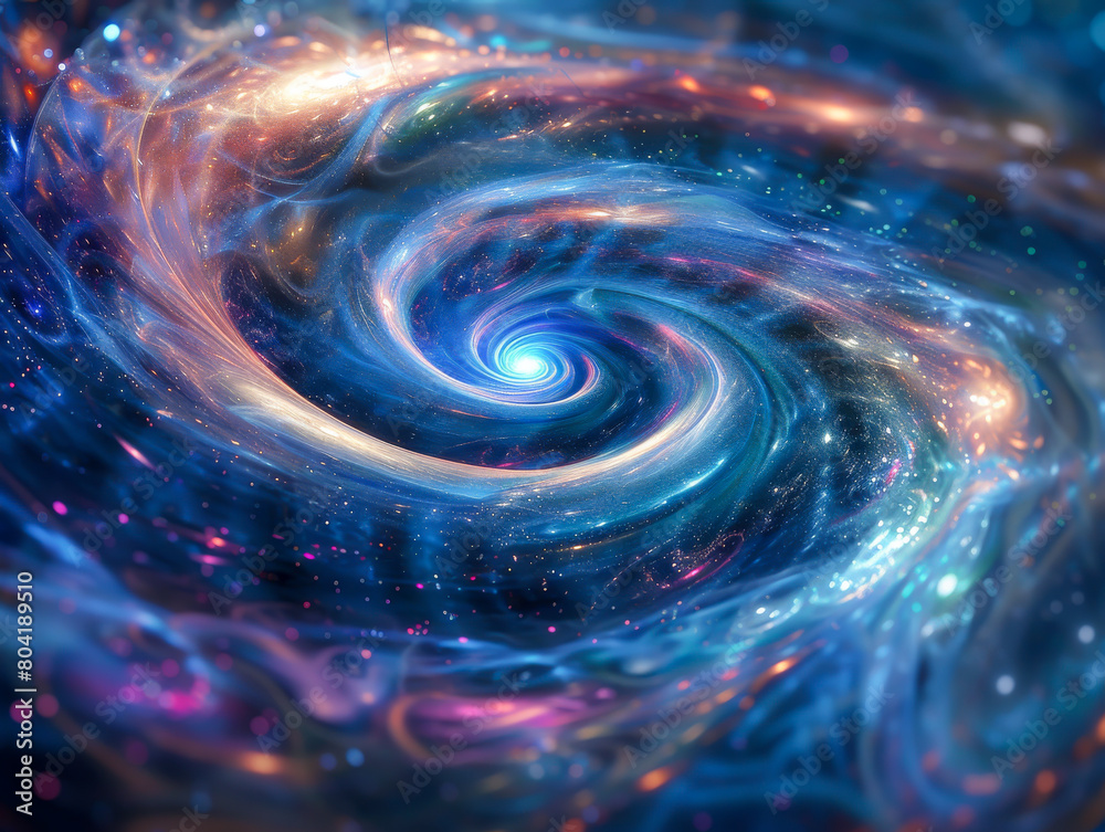A spiral galaxy with a blue center and orange and purple swirls A spiral galaxy with a blue center and orange and purple swirls