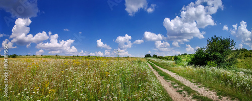field near country road, rural landscapes with beautiful sky with clouds