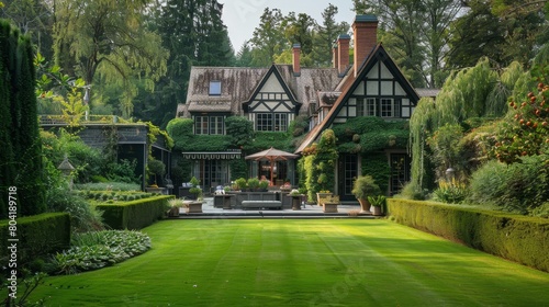 House with English style Garden with hedges. 