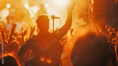 A man is singing in front of a crowd of people