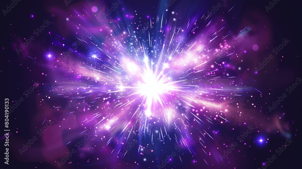 An explosion of stars with smoke and sparkles. An explosion of stars with bright purple light, blue sparks, and steam isolated on transparent background.