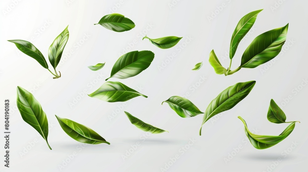 Flying green foliage with falling tea leaves on transparent background. Floral organic elements, 3D modern illustration, set for packaging design, advertising, promotional materials. Flying green foliage with falling tea leaves on transparent background. Floral organic elements, 3D modern illustration, set for packaging design, advertising, promotional materials.