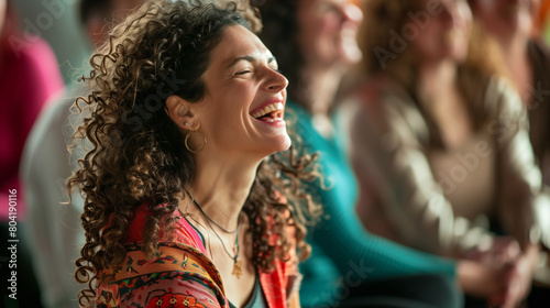 A group of people engage in a laughter yoga class, where they participate in playful exercises and laughter-inducing activities