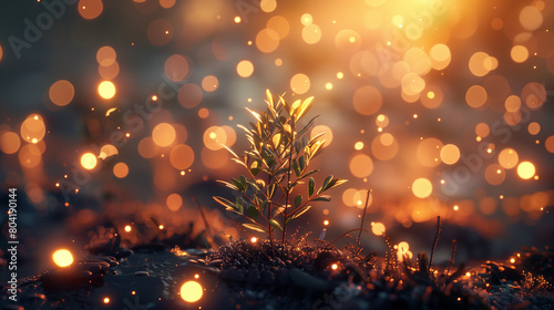  a young tree catch the first light of morning  amidst a backdrop of shimmering bokeh lights that convey a sense of magic and wonder  showcasing the intersection of technology and natural beauty.