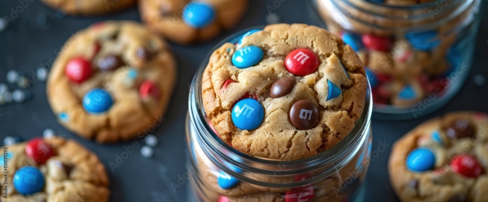Cookie jars filled with red, white, and blue M&M cookies , professional photography and light Cookie jars filled with red, white, and blue M&M cookies , professional photography and light