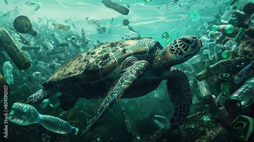 Ultra Realistic close up of sea turtle swimming among plastic bottles and debris in the ocean