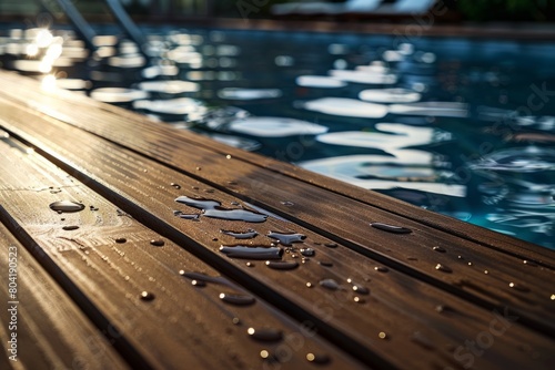 A wooden deck next to a sparkling swimming pool, with sunlight reflecting off the water