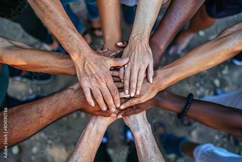 A closeup of hands stacked together in a huddle, showcasing teamwork and solidarity before a sporting event