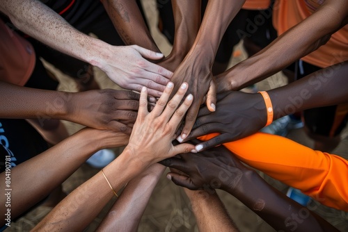 Closeup of a huddle with hands stacked together, symbolizing teamwork and solidarity before a sporting event