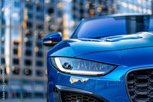 A blue sports car parked in front of a tall building, showcasing its front grille and headlights