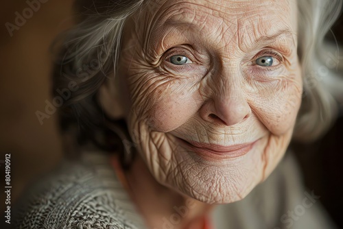 A close-up portrait of a senior woman exuding wisdom and grace with her warm smile, showcasing her distinctive gray hair and striking blue eyes