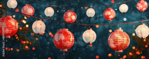 Paper red-white asian japanese chinese lanterns chochin akachochin shines on dark sky. A garland of paper lanterns glows at night. photo