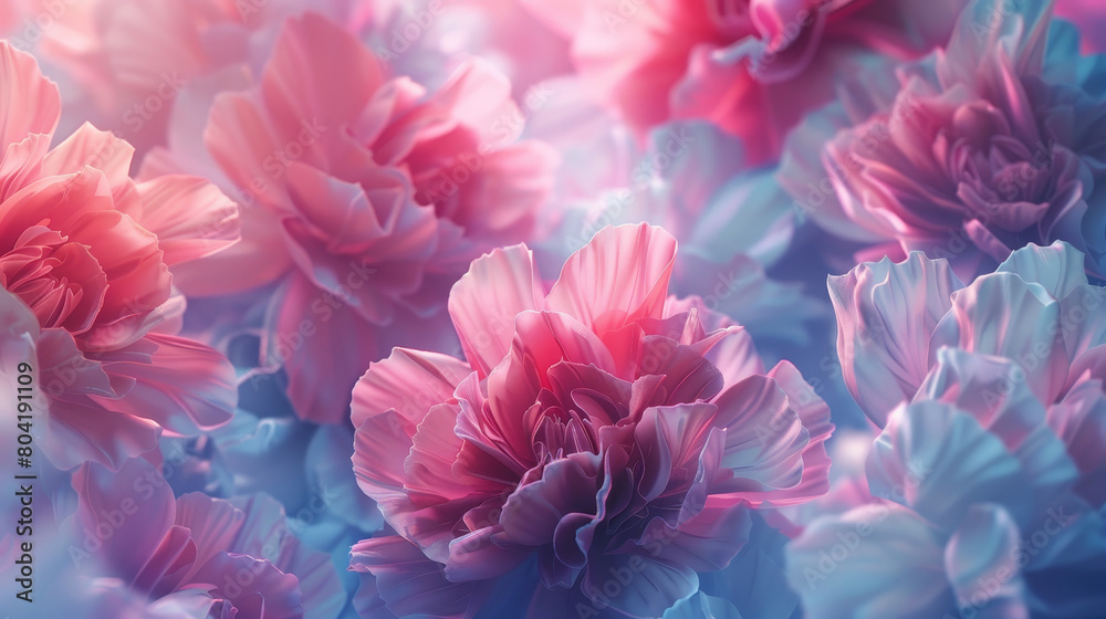A close up of a bunch of pink flowers with a blue background A close up of a bunch of pink flowers with a blue background