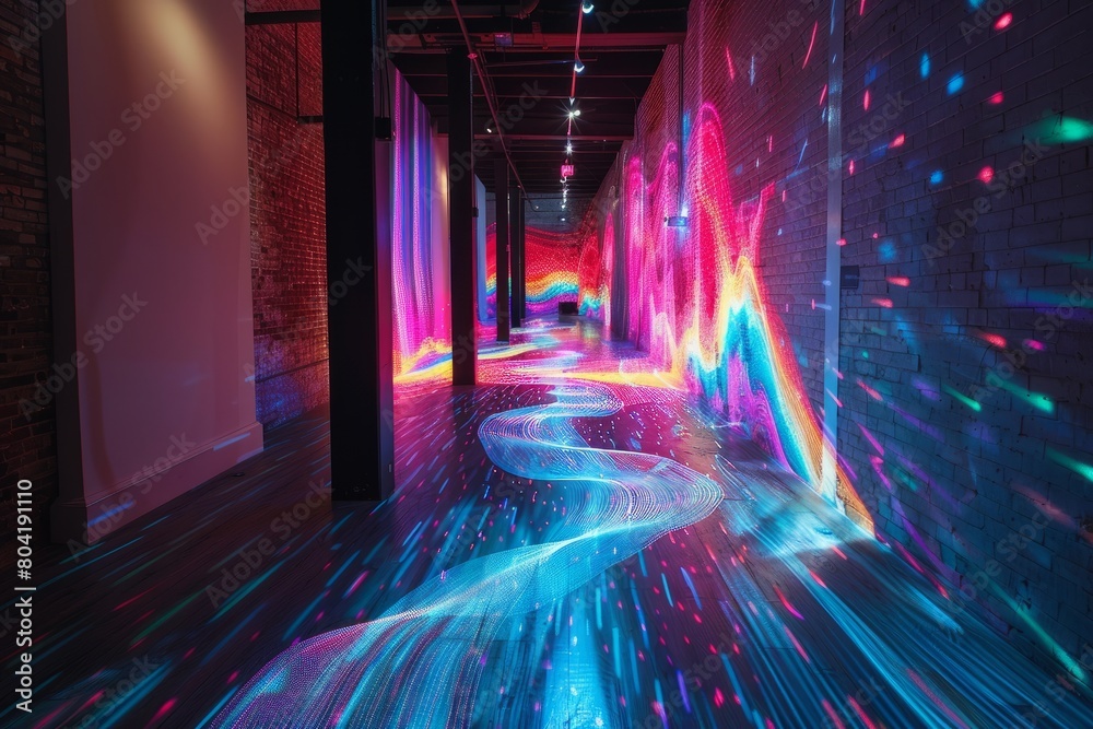 Neon fiber optic lights create colorful patterns along a lengthy corridor, adding a lively and dynamic ambiance