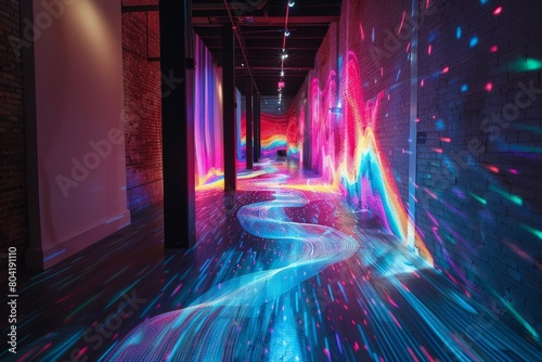 Neon fiber optic lights create colorful patterns along a lengthy corridor  adding a lively and dynamic ambiance