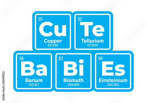 Vector text: CUTE BABIES composed of individual elements of the periodic table. Isolated on white background.