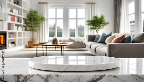 Minimalist White Marble Podium  front view focus  with a Clean Scandinavian Living Room. Generative Ai illustration
