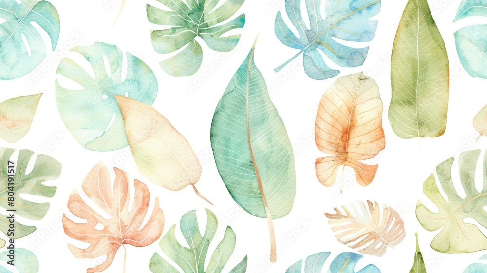 Watercolor painting seamless pattern of leaves with a green and yellow background. The leaves are of various sizes and shapes, and they are scattered throughout the painting.