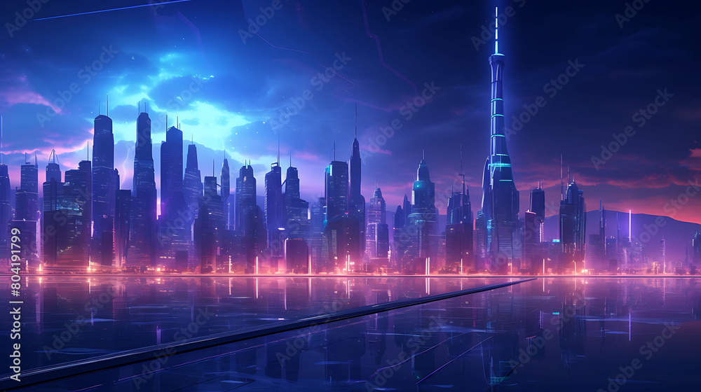 A futuristic city skyline illuminated by neon lights and skyscrapers, representing the integration of technology into urban landscapes.