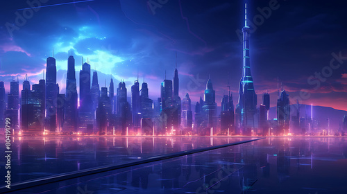 A futuristic city skyline illuminated by neon lights and skyscrapers  representing the integration of technology into urban landscapes.