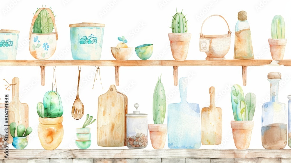 Shelf with many potted plants and a wooden board with a spoon on it. The shelf is filled with various items. Watercolor painting seamless pattern style Shelf with many potted plants and a wooden board with a spoon on it. The shelf is filled with various items. Watercolor painting seamless pattern style