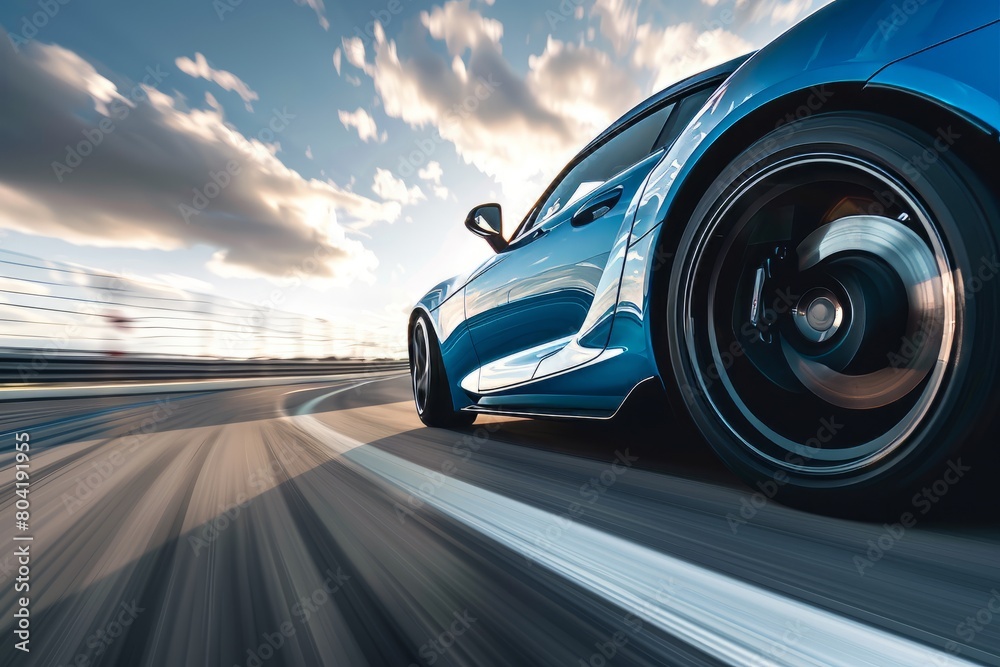 A high-speed blue sports car speeding down a highway with motion blur, showcasing its agility and power on the road