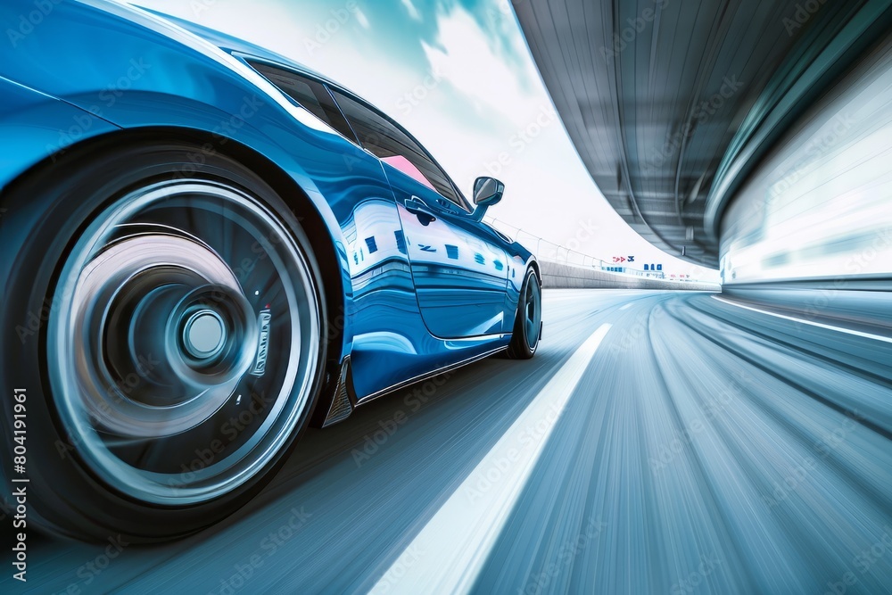 A high-speed blue sports car zooms down a highway, leaving a trail of motion blur as it speeds past