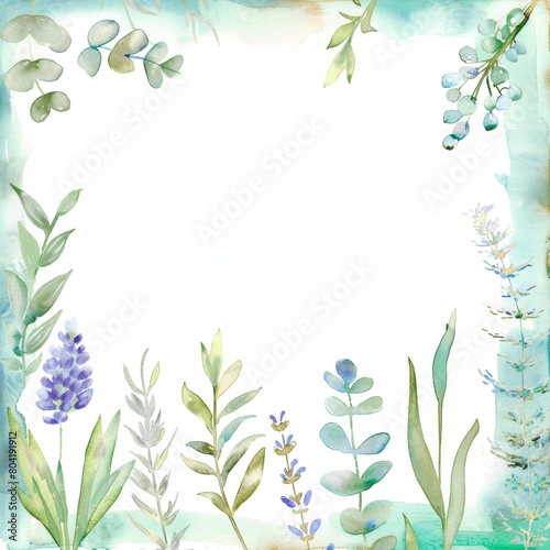 Watercolor painting of a field of flowers with a white background. The flowers are of various sizes and colors, including purple, green, and yellow. The painting evokes a sense of tranquility