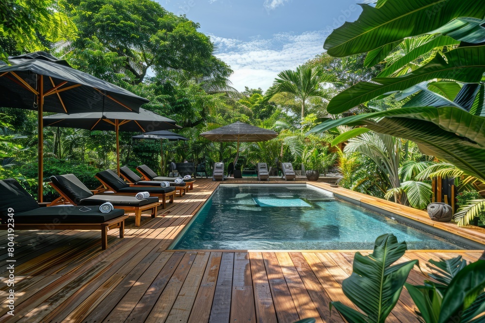 A wooden deck next to a swimming pool surrounded by lush greenery, with lounge chairs and umbrellas arranged neatly for relaxation